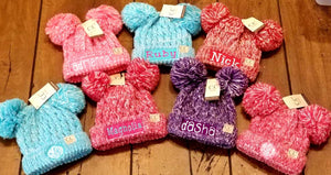 Embroidered CC Kid's Multi Tone Double Pom Beanies - Personalized Children's Winter Pom Pom Hat, Monogrammed Youth Beanies, Kids Knit Caps