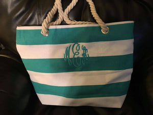 Monogrammed Canvas Tote Bag, Embroidered, Beach Bag, Personalized Canvas Purse, Monogram, Striped Tote Bag, Carryall, Vacation, Summer Bags