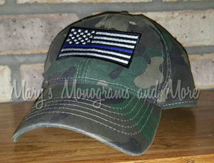 FREE SHIPPING - Thin Blue Line American Flag Camo Baseball Hat - Embroidery Personalized Back the Blue Hat - Applique Law Enforcement Hats