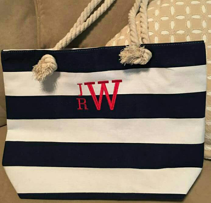 Monogrammed Canvas Tote Bag, Embroidered, Beach Bag, Personalized Canvas Purse, Monogram, Striped Tote Bag, Carryall, Vacation, Summer Bags