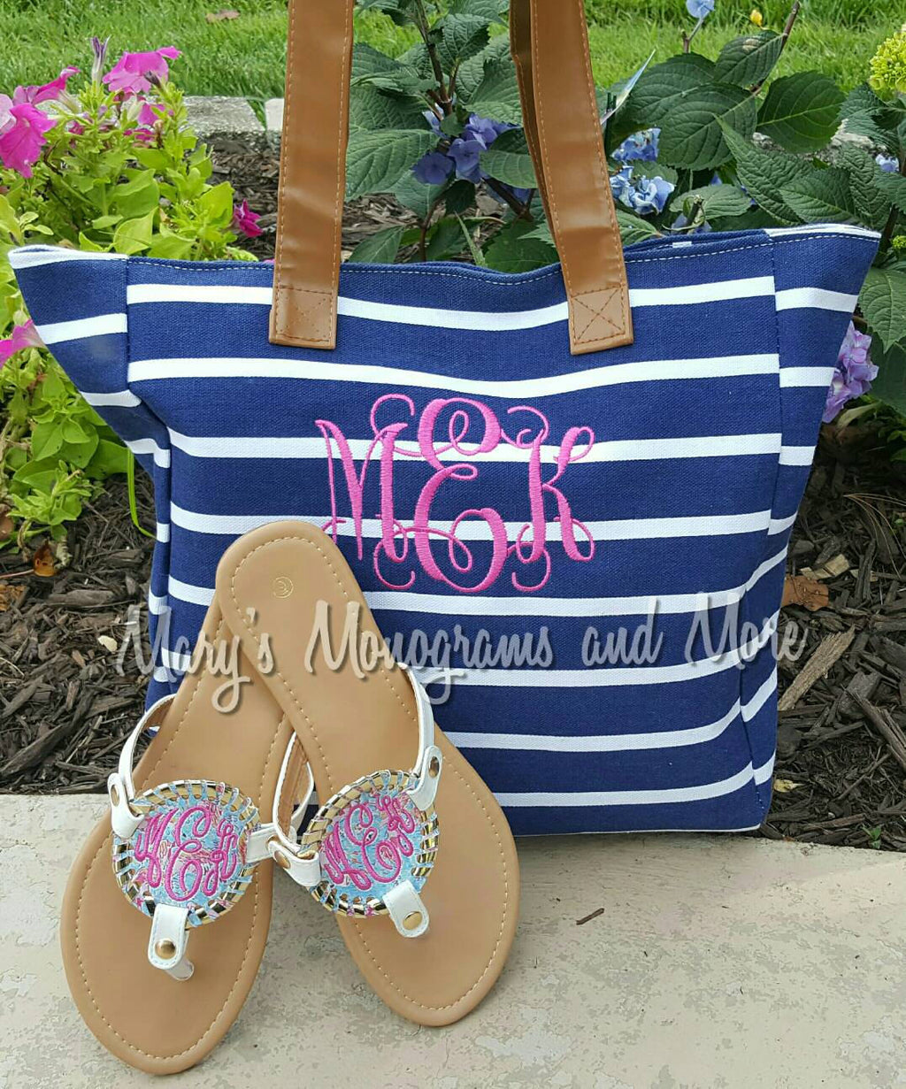 Monogrammed Striped Canvas Tote Bag