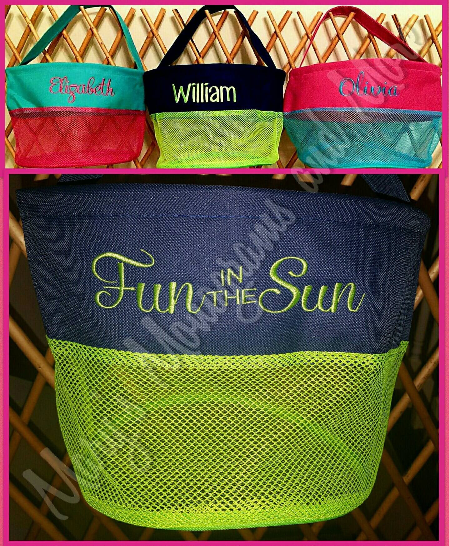FREE SHIPPING - Embroidery Personalized Mesh Seashell Bucket - Monogrammed Shell Bag - Bath Toy Basket - Embroidered Pool Toy Carrier