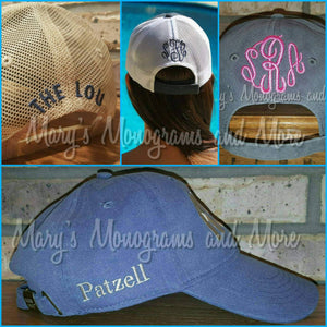Add embroidery personalization to the back or side of your hat, add monogram, name, phrase, date, or symbol to your baseball or trucker hat