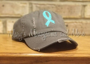 Awareness ribbon baseball hat, ovarian, breast, lung, all cancers, childhood, leukemia, causes, cancer awareness ribbon baseball cap