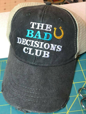 The Bad Decisions Club Distressed Trucker Hat, girls trip, night out, bachelorette, bff, girlfriend, birthday, holiday, custom party hat