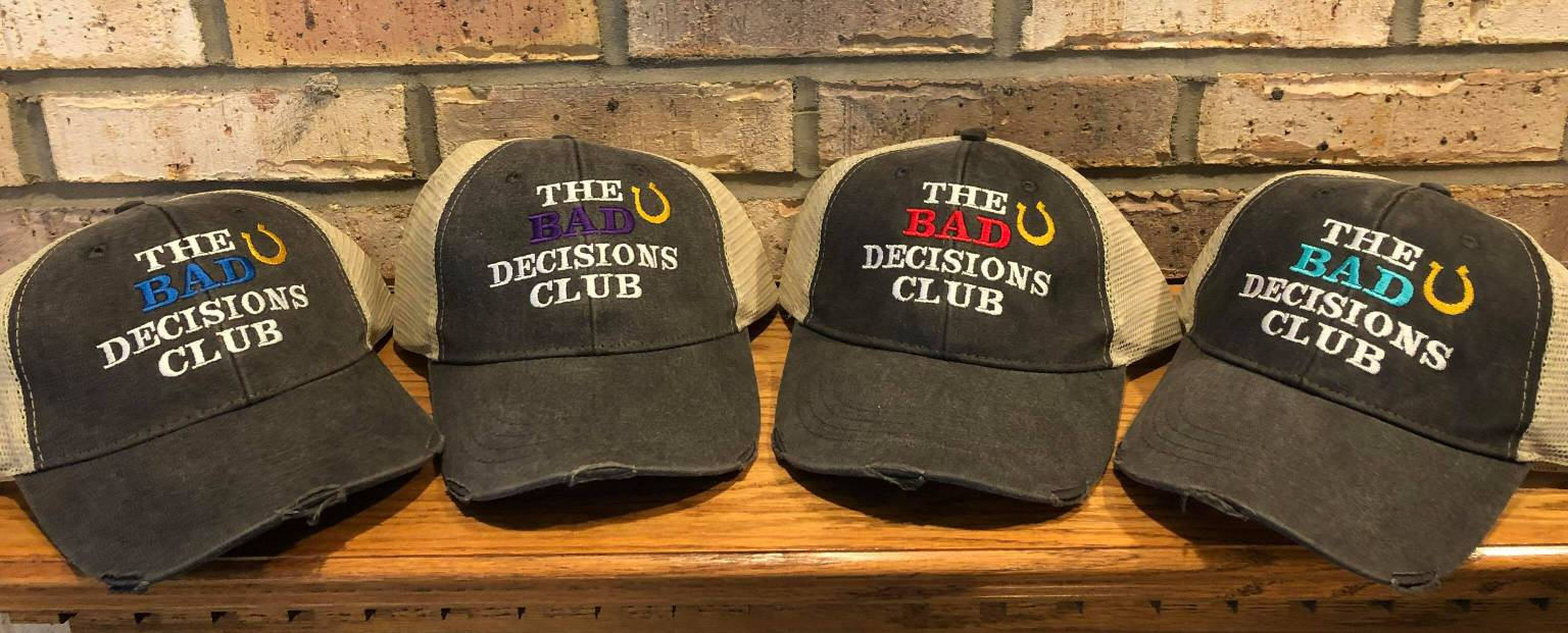 The Bad Decisions Club Distressed Trucker Hat, girls trip, night out, bachelorette, bff, girlfriend, birthday, holiday, custom party hat