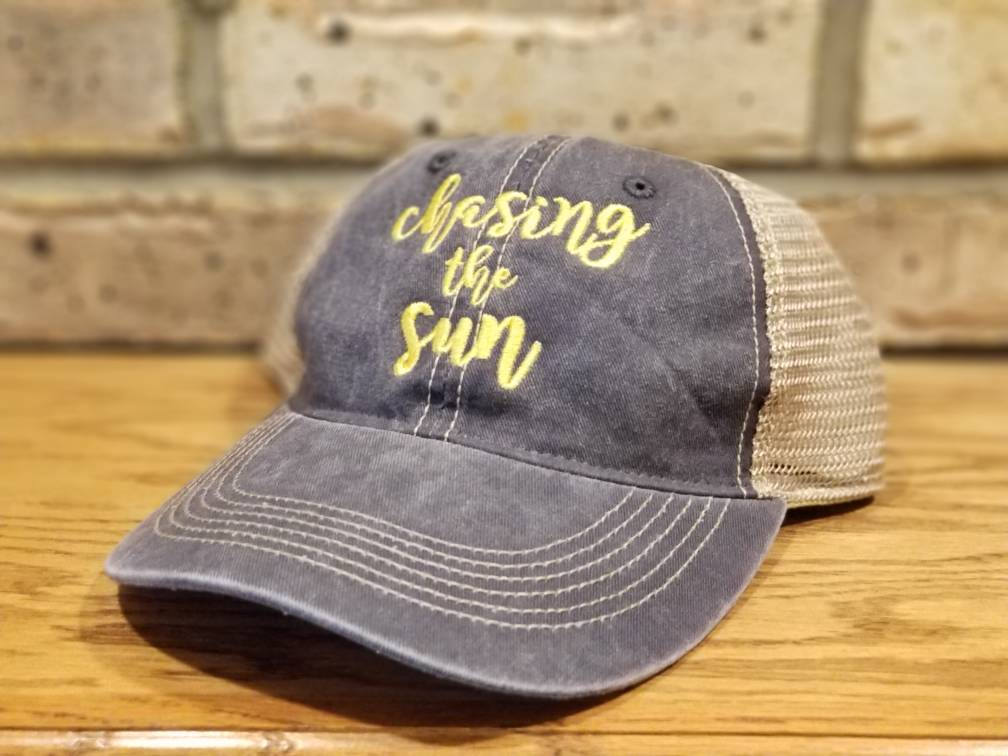 Chasing The Sun Hat - Chasing The Sun Trucker or Baseball Hat, Can Be Personalized or Monogrammed, Custom Embroidered Hat