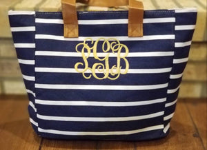 Monogrammed Striped Canvas Tote Bag - Embroidered Navy, Pink, Mint, and Aqua Summer Personalized Beach Bag - Canvas Purse, Striped Tote