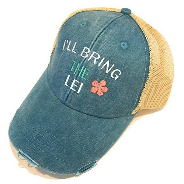 I'll Bring The Lei Hat -Distressed Trucker, I'll Bring The Alcohol, Bad Decisions, Party, Girls Night Out, Girls Weekend, Trip, Drinking Hat
