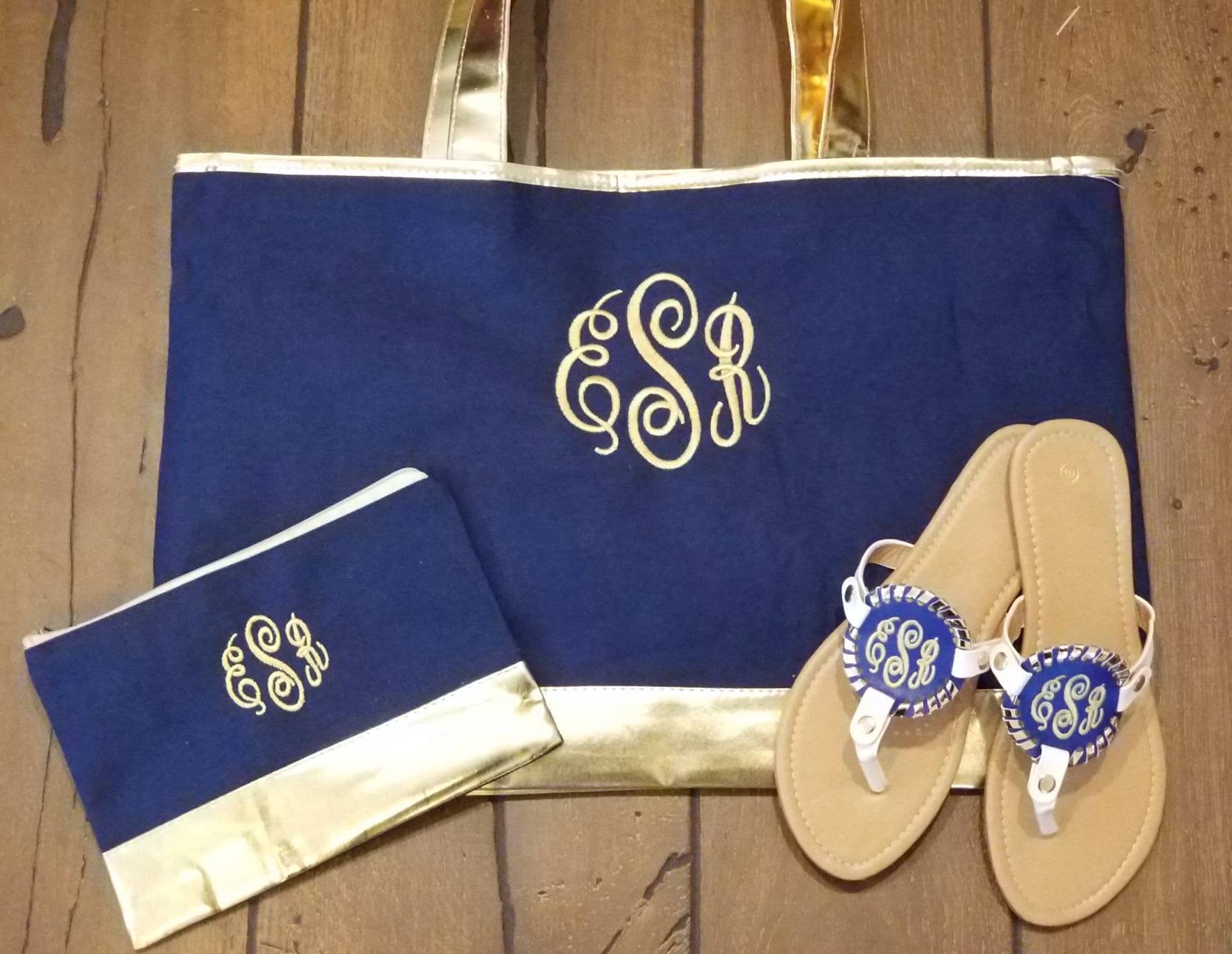Monogrammed Navy Cabana Tote Bag with Vegan Leather Gold Trim - Matching Accessory Bag and Disc Sandals - Embroidered Cabana Summer Set