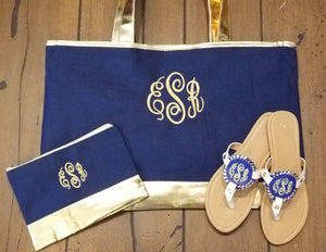 Monogrammed Navy Cabana Tote Bag with Vegan Leather Gold Trim - Matching Accessory Bag and Disc Sandals - Embroidered Cabana Summer Set