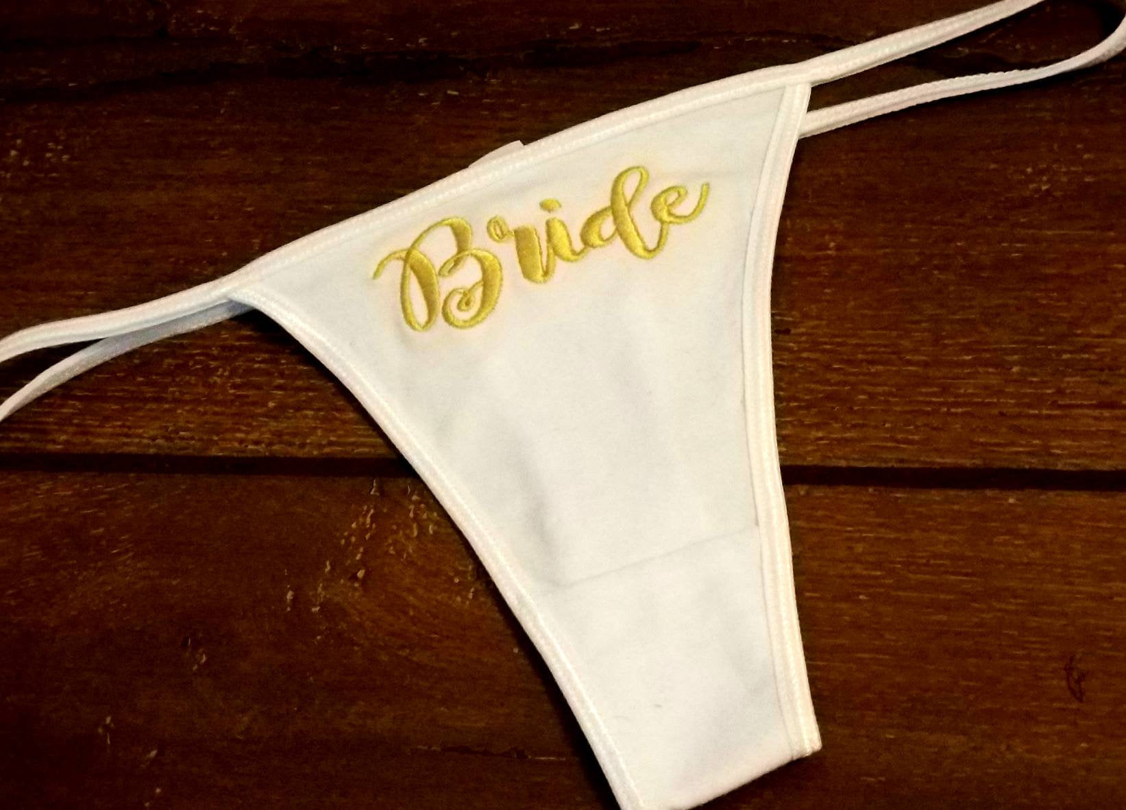 Bridal Lingerie - Embroidered Bride Panties, Monogrammed Wedding Night Thong, Personalized Bachelorette Underwear, White, Honeymoon, Gift