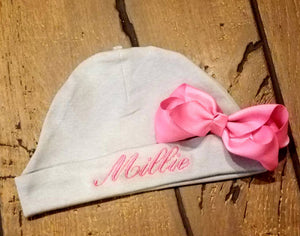 Personalized Infant Hat With Bow -Embroidered Newborn Hat With Matching Bow, Monogrammed 0-3 Month Cap, Baby Hat, Baby Shower, New Baby Gift