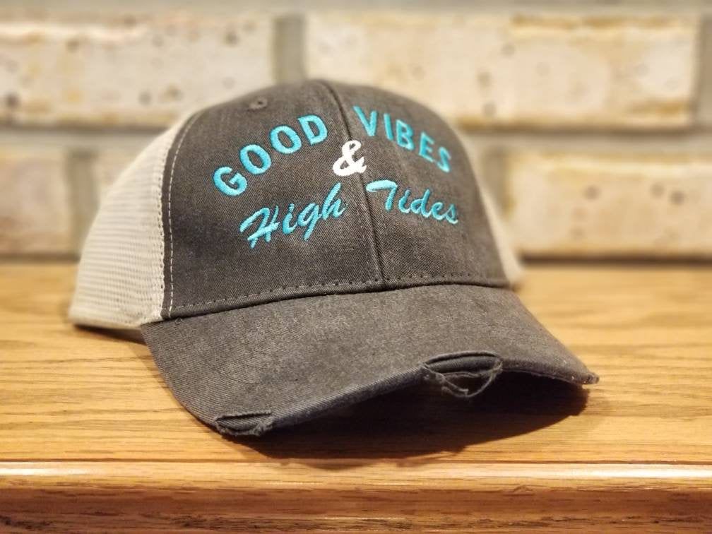 Good Vibes and High Tides Hat - Embroidered Beach, Summer Vacation, Girls Trip, I'll Bring The Alcohol, Bad Decisions, Drinking, Party Hat