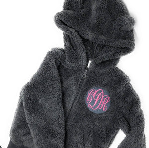 Monogrammed Baby Sherpa, Embroidered, Zip Up, Toddler Teddy Bear Jacket, Hoodie, Sweater, Full Zip, Unisex Personalized Baby Gift