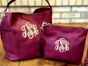 Monogrammed Hobo Bucket and Crossbody Bag Set, Embroidered 2-in-1 Combo Purse, Personalized Purses,