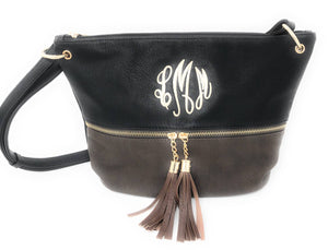 Monogrammed Crossbody Purse, Embroidered Tassle Crossbody Bag, Personalized Two Tone Cross Body Purse With Gold Zipper and Hardware, Purses