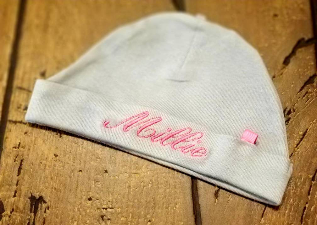 Personalized Infant Hat With Bow -Embroidered Newborn Hat With Matching Bow, Monogrammed 0-3 Month Cap, Baby Hat, Baby Shower, New Baby Gift