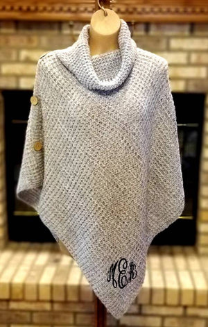 Monogrammed Knit Poncho - Embroidered Cowl Neck Sweater Top, Knit Turtleneck Poncho, Personalized Fall Winter Sweater Poncho