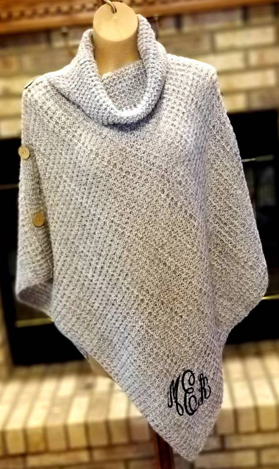 Monogrammed Knit Poncho - Embroidered Cowl Neck Sweater Top, Knit Turtleneck Poncho, Personalized Fall Winter Sweater Poncho