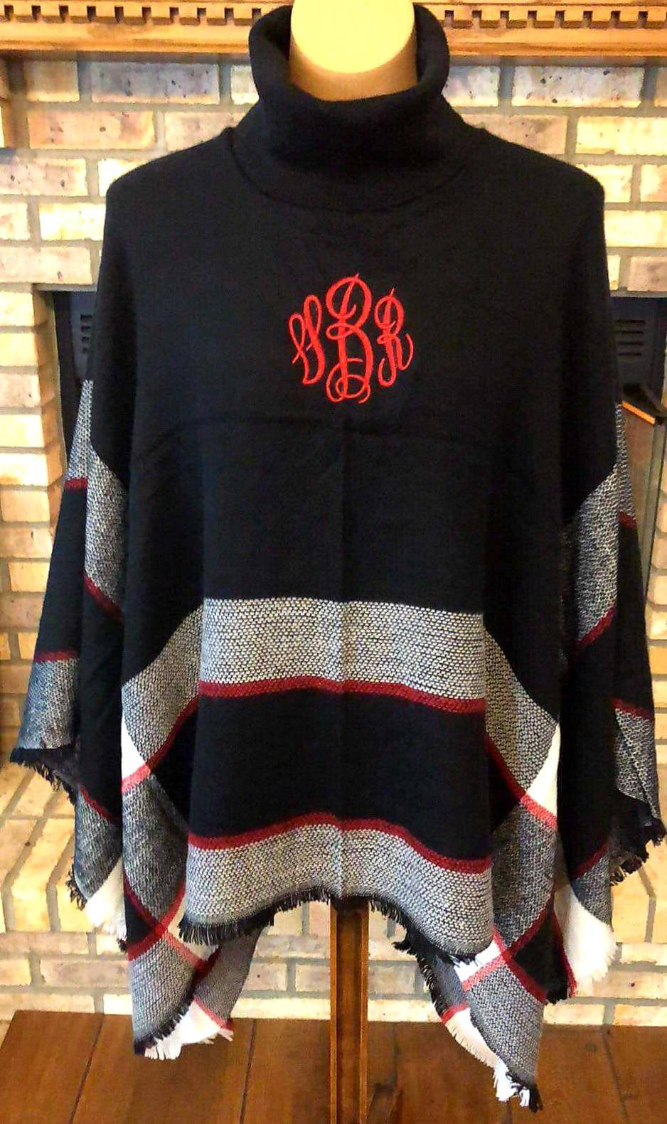 Monogrammed Poncho - Embroidered Knit Turtleneck Ponchos, Black and Red Poncho, Shawl, Cape, Knit Sweater Top, Personalized Gift