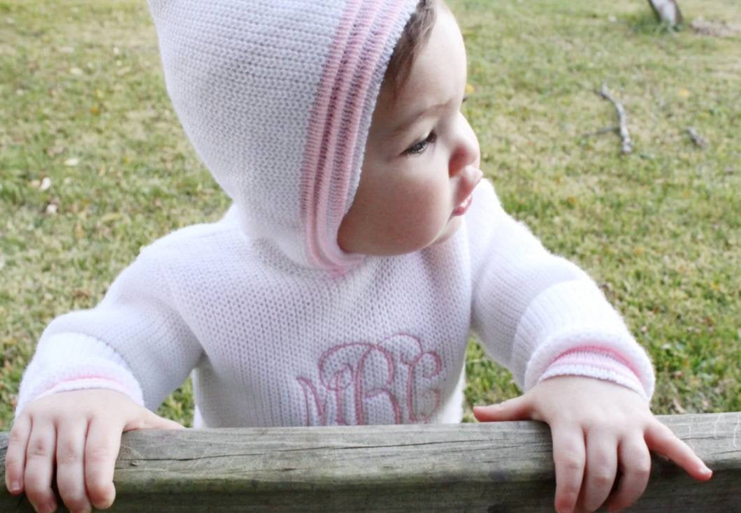 Embroidered Baby Sweater, Julius Berger Zip Up The Back Baby Hoodie, Handmade Knit, Zip Back, Cable Knit, Personalized, Baby Shower, Gift