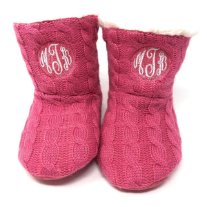 Children's Monogrammed Slippers - Kids Personalized Slipper Boots, Embroidered Cable Knit Booties, Girls Shearling Lined, Toddler and Youth
