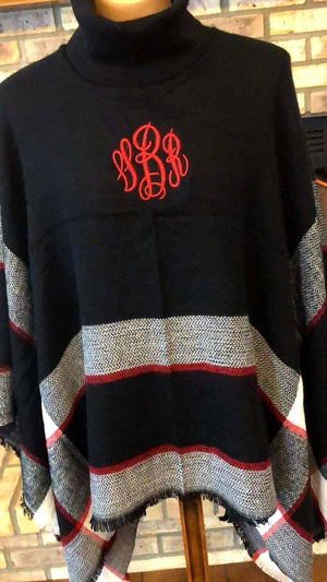 Monogrammed Poncho - Embroidered Knit Turtleneck Ponchos, Black and Red Poncho, Shawl, Cape, Knit Sweater Top, Personalized Gift