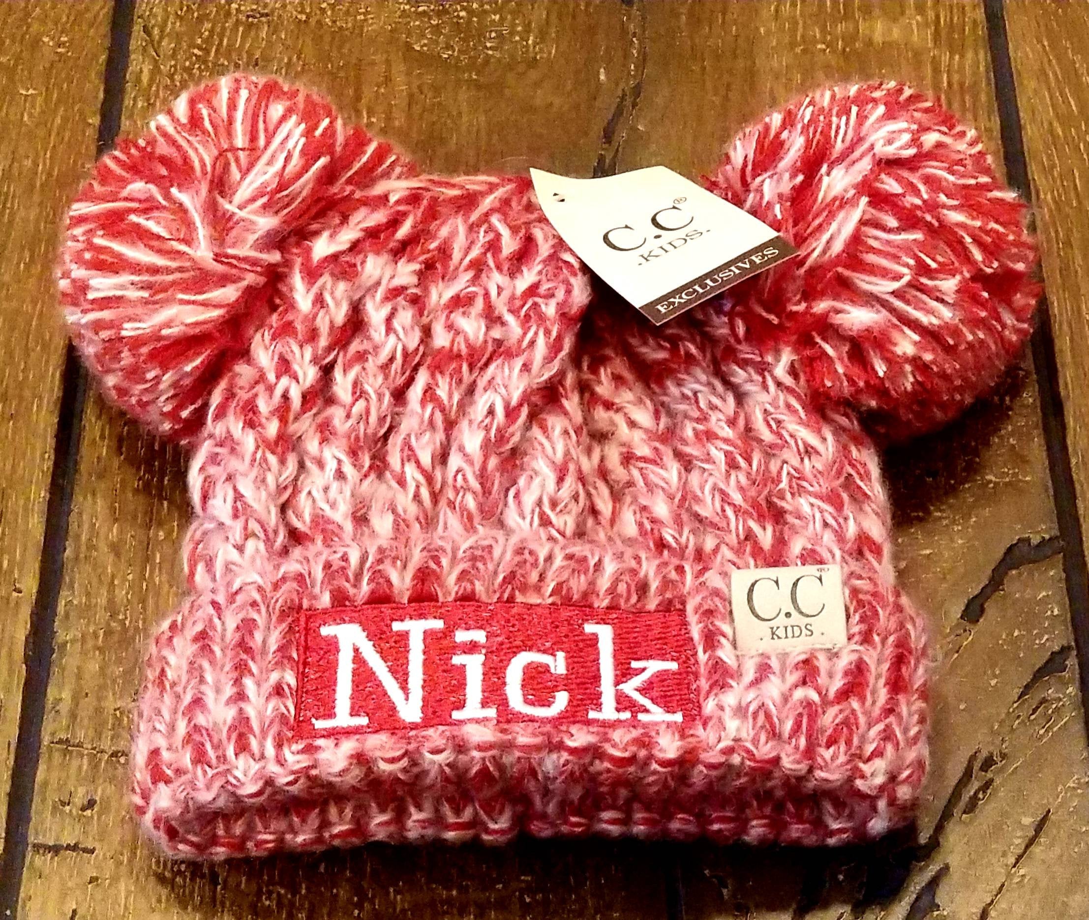 Embroidered CC Kid's Multi Tone Double Pom Beanies - Personalized Children's Winter Pom Pom Hat, Monogrammed Youth Beanies, Kids Knit Caps