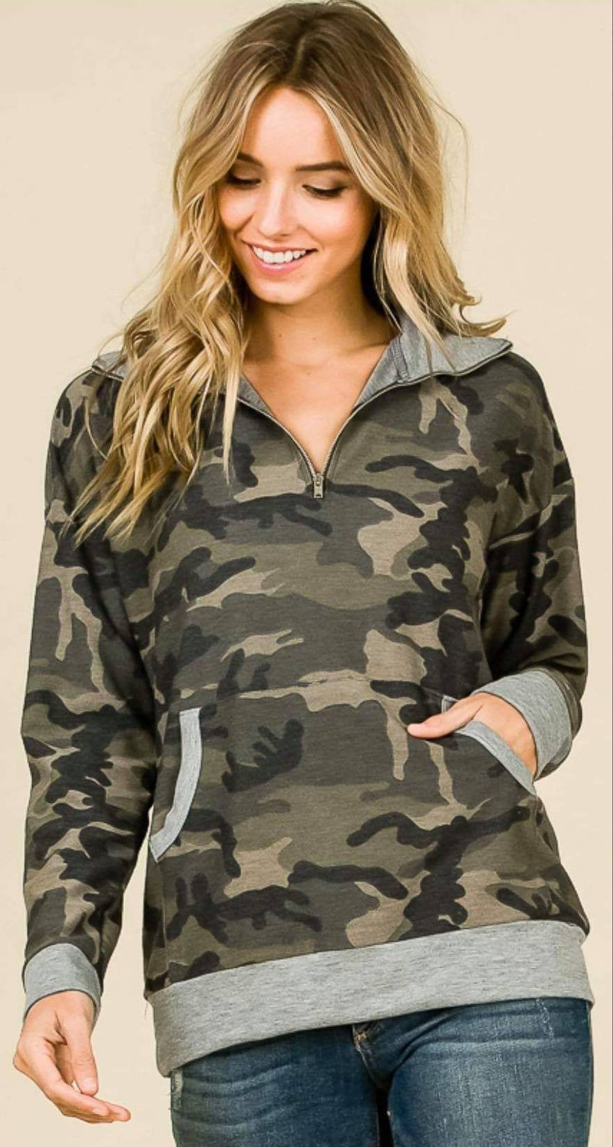 Monogrammed Camo 1/4 Zip Pullover - Embroidered Women's Camouflage Quarter Zip Up Sweatshirt, Personalized Hunting Pullovers, Monograms