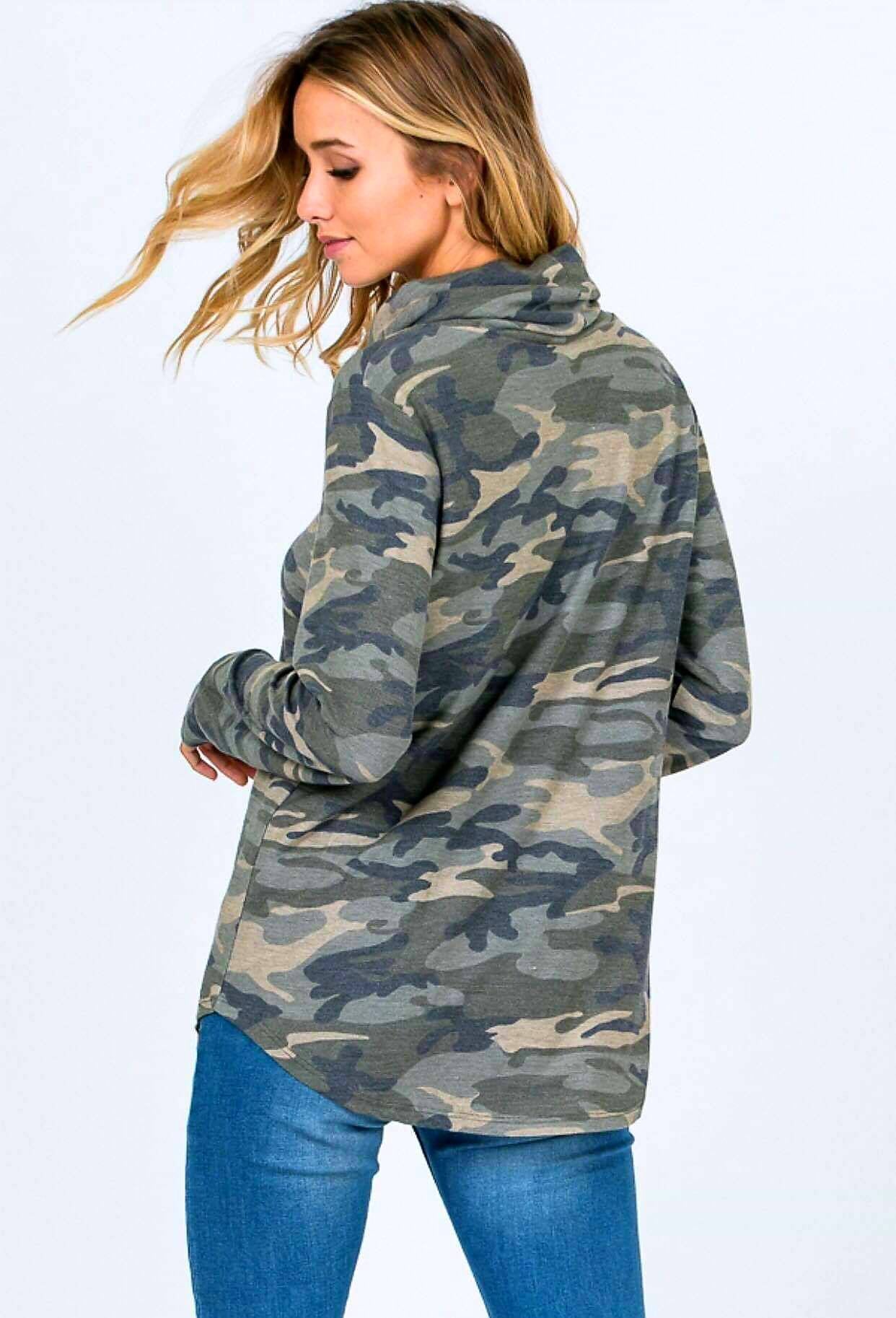 Monogrammed Camo Cowl Neck Pullover - Embroidered Ladies Camouflage Cowlneck Shirt, Women's Personalized Clothing, Monogram, Camo Sweatshirt