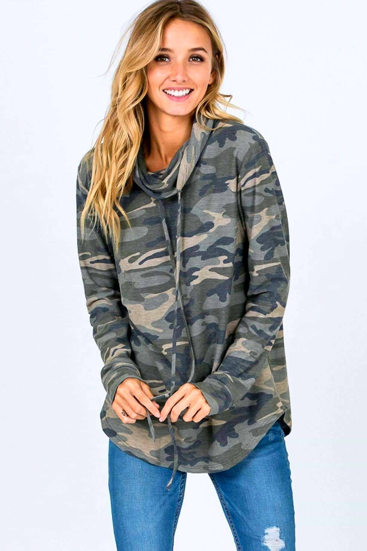 Monogrammed Camo Cowl Neck Pullover - Embroidered Ladies Camouflage Cowlneck Shirt, Women's Personalized Clothing, Monogram, Camo Sweatshirt
