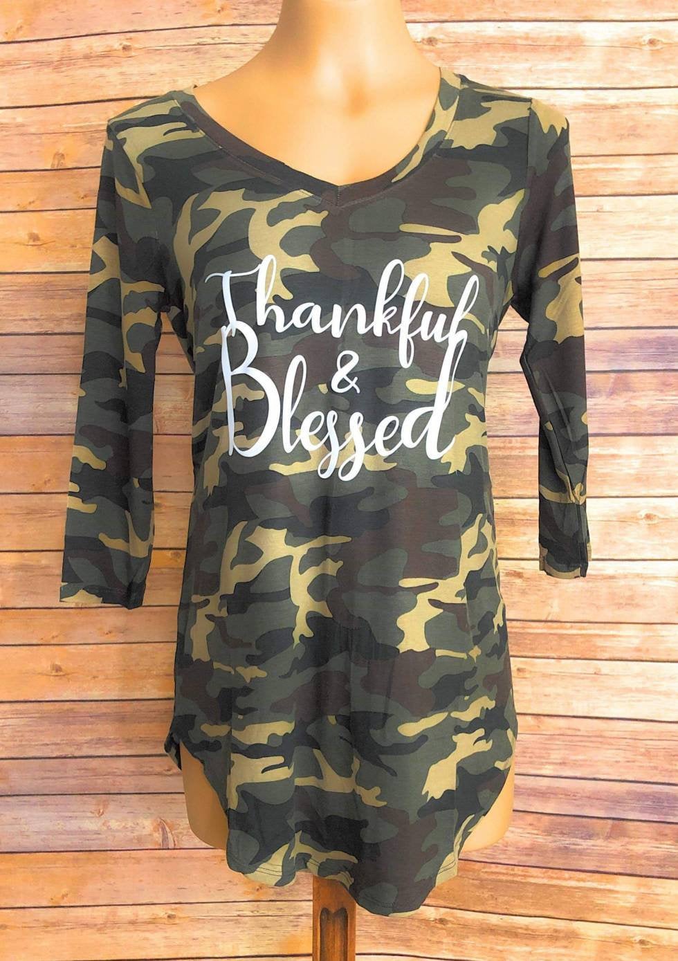Thankful and Blessed Camo V-Neck Top
