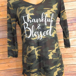 Thankful and Blessed Camo V-Neck Top